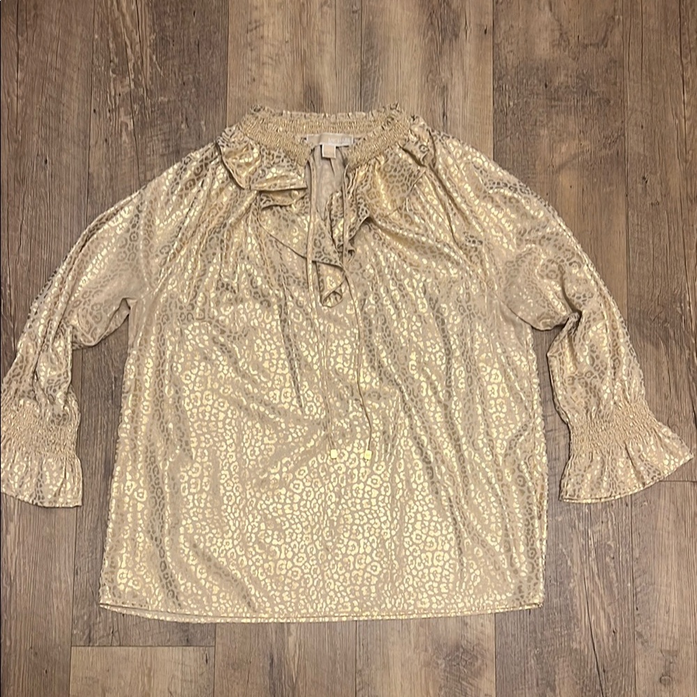 MICHAEL Michael Kors Gold Leopard Sailor Collar Ruffled Blouse w/Flare Sleeves 💛 - Picture 3 of 12